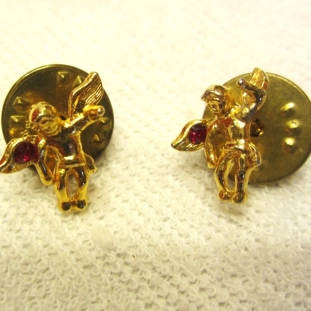 VTG GOLD TONE GUARDIAN ANGEL PINS W/RED CRYSTAL